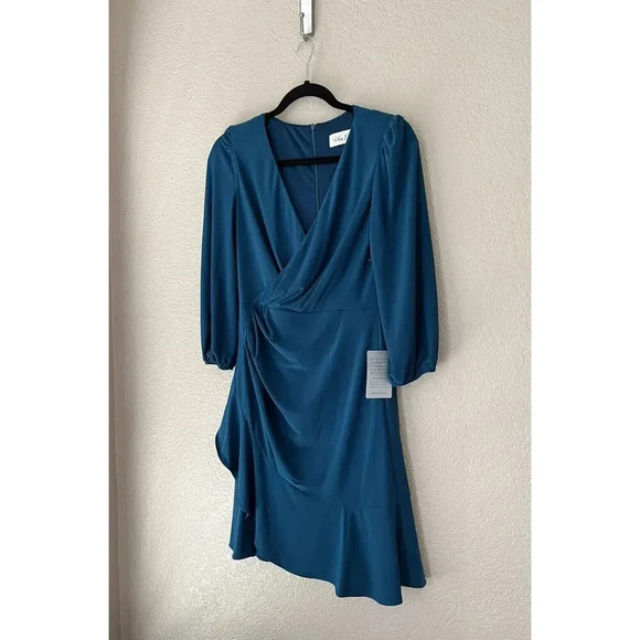 Eliza J Women’s Faux Wrap Surplice Neck Drapey Mini Dress Size 6 Teal - Picture 3 of 9